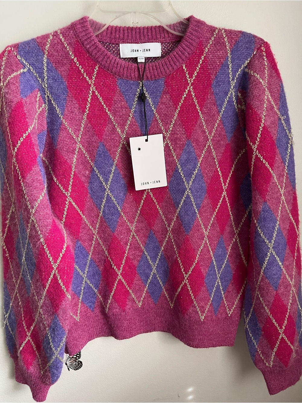 JOHN + JENN Casey Sweater Blushing Argyl Size XS NWT Pink Purple Gold Pullover